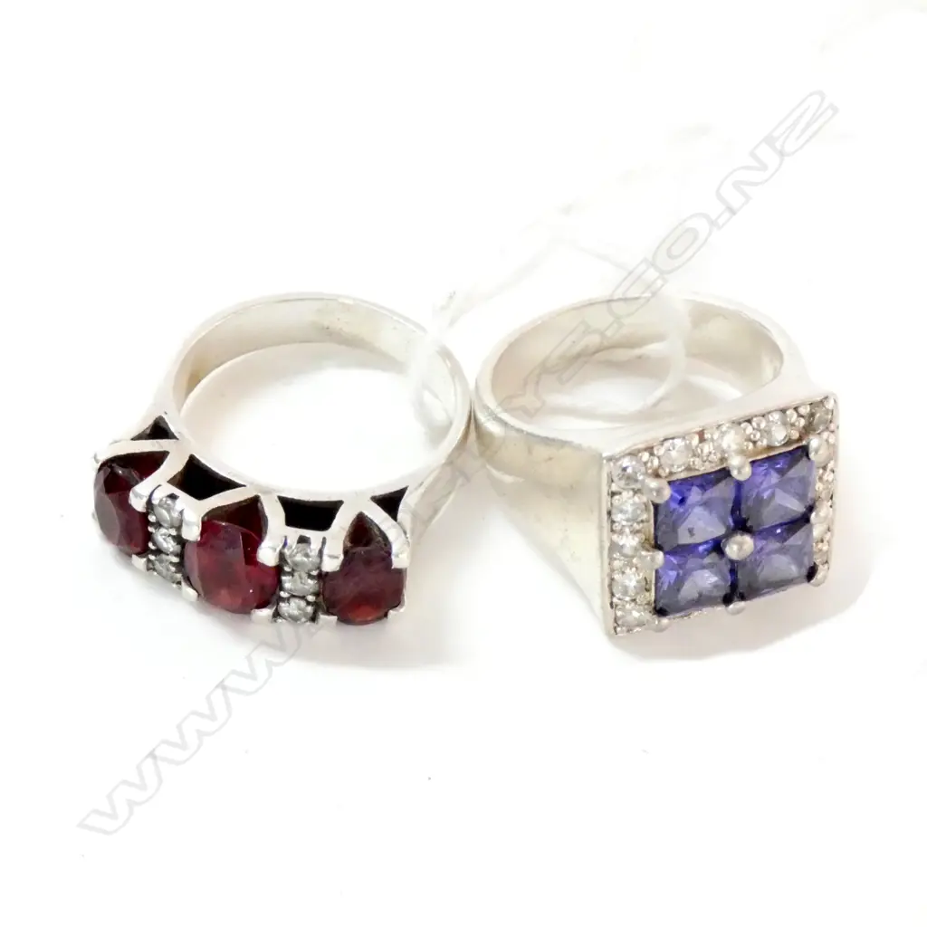 2 SILVER CZ RINGS; GARNET & BLUE STONE  Image 1++