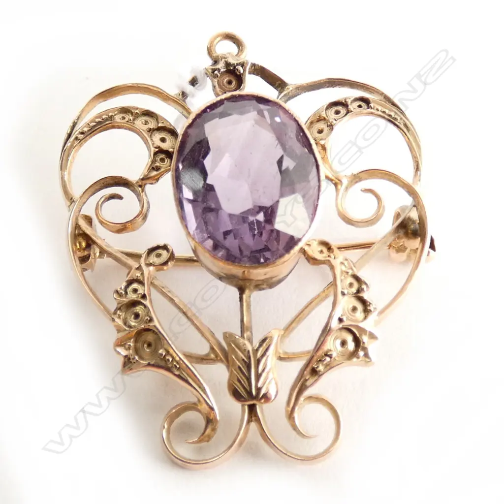 EDWARDIAN 9CT GOLD & AMETHYST PENDANT/BROOCH (ALL SEED PEARLS MISSING) Image 1++