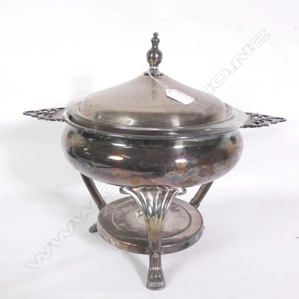 SILVER PLATE FOOD WARMER DISH, GLASS INSERT, W. 370MM Image 1++