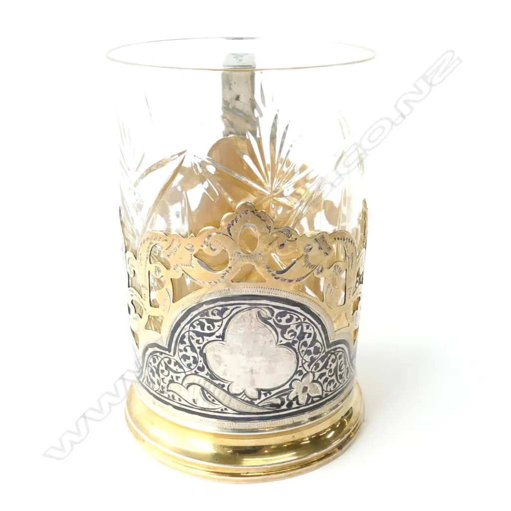RUSSIAN SILVER & 21CT GOLD GILT RUSSIAN TEA GLASS HOLDER WITH CRYSTAL GLASS Image 1++