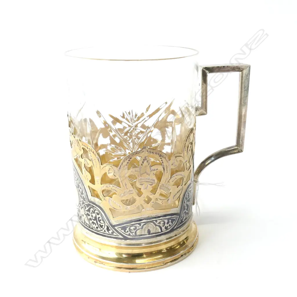 RUSSIAN SILVER & 21CT GOLD GILT RUSSIAN TEA GLASS HOLDER WITH CRYSTAL GLASS Image 1++