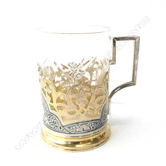 RUSSIAN SILVER & 21CT GOLD GILT RUSSIAN TEA GLASS HOLDER WITH CRYSTAL GLASS