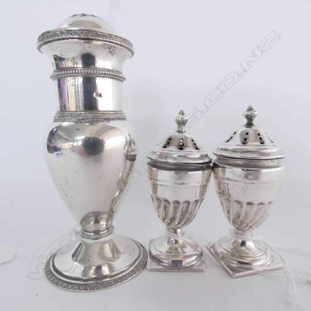 AUSTRIAN SILVER (?) SIFTER & PR. STG SILVER PEPPER POTS Image 1++