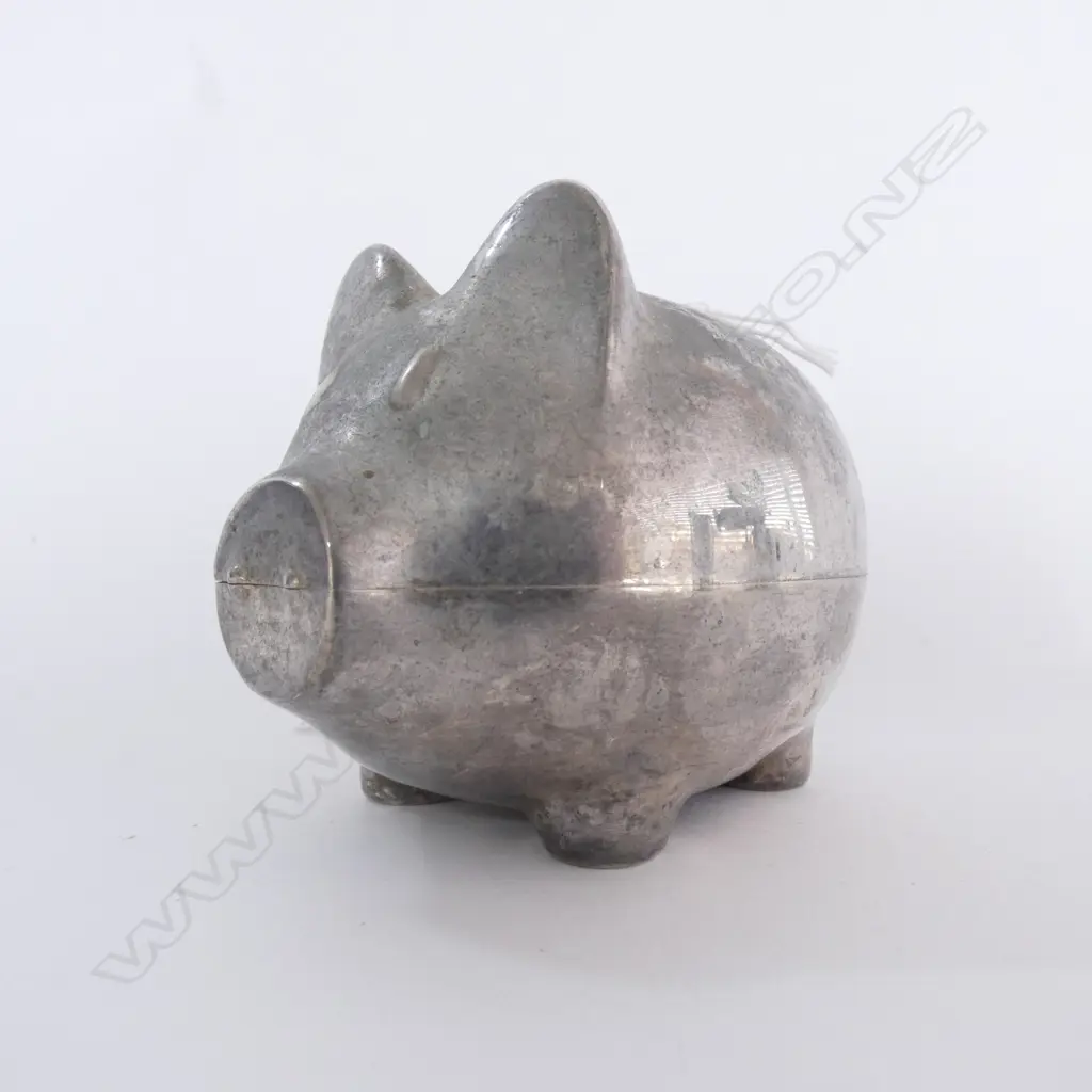 SMALL, HEAVY STAINLESS STEEL PIGGY BANK, WITH COINS Image 1++