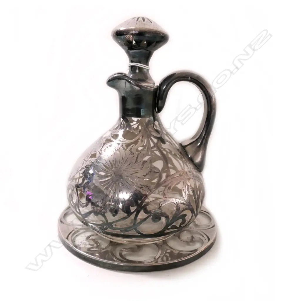 VINTAGE FANCY SILVER OVERLAY GLASS JUG ON STAND Image 1++