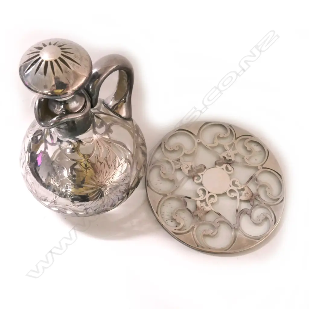 VINTAGE FANCY SILVER OVERLAY GLASS JUG ON STAND Image 1++