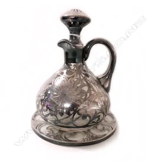 VINTAGE FANCY SILVER OVERLAY GLASS JUG ON STAND
