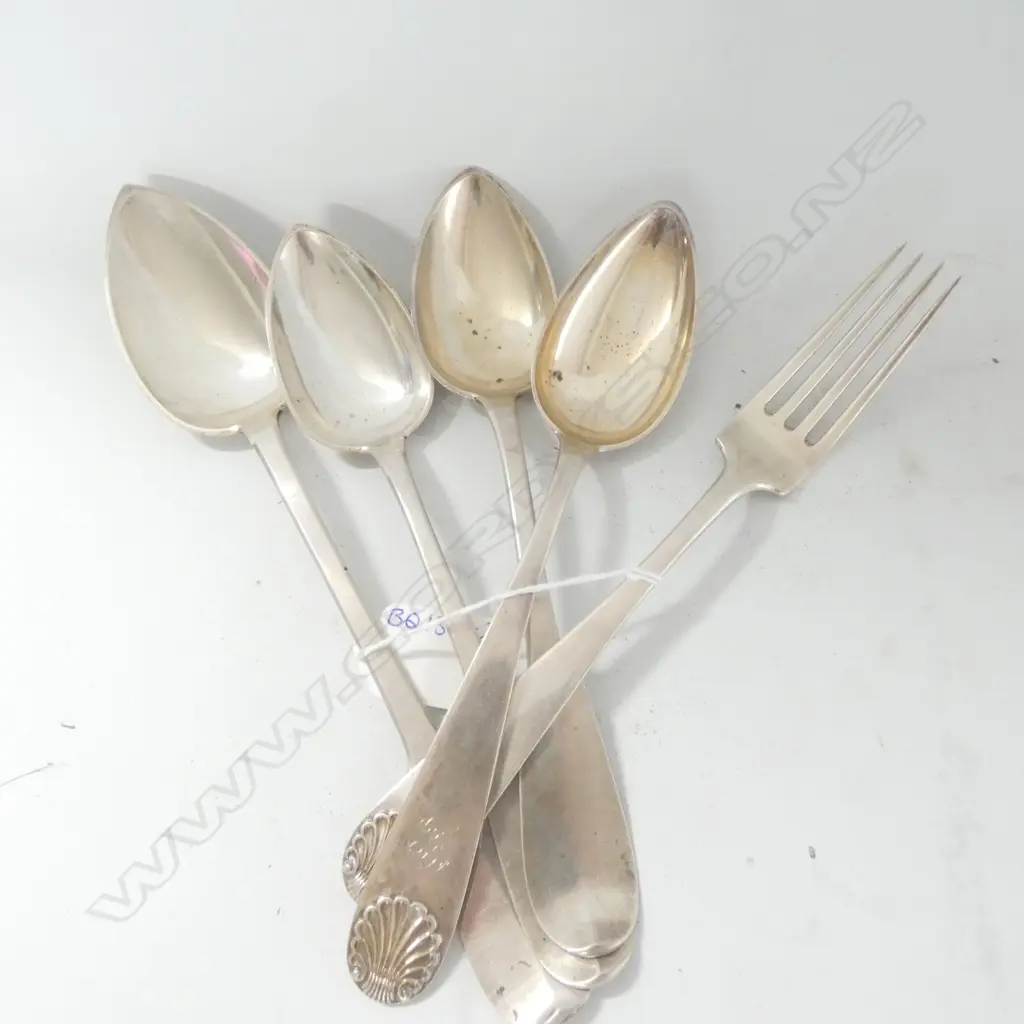 EUROPEAN SILVER SPOONS (4) & 1 FORK, 297GMS Image 1++