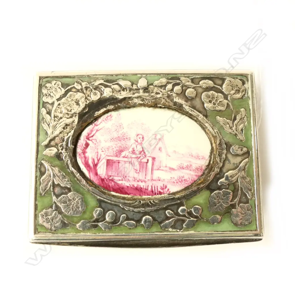 SILVER ENAMELED PILL BOX, PORCELAIN DECAL Image 1++