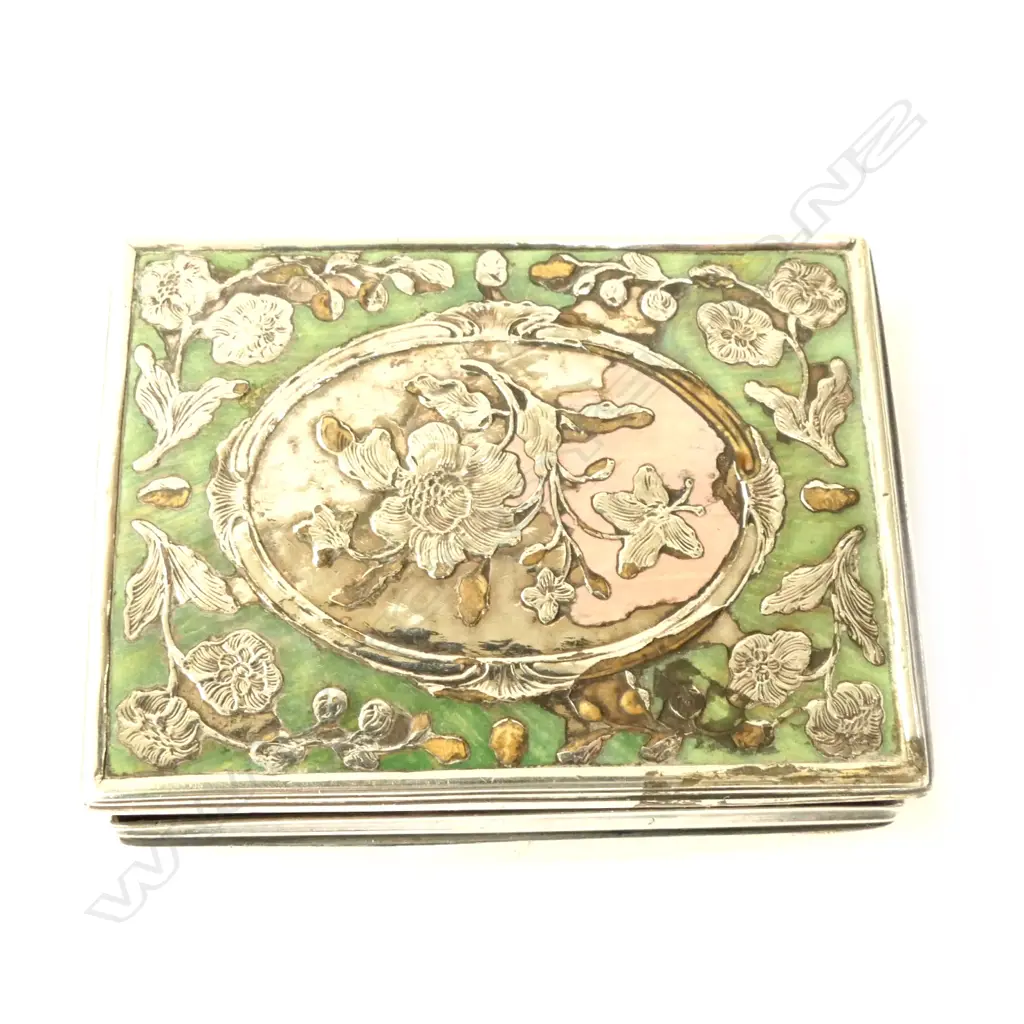 SILVER ENAMELED PILL BOX, PORCELAIN DECAL Image 1++