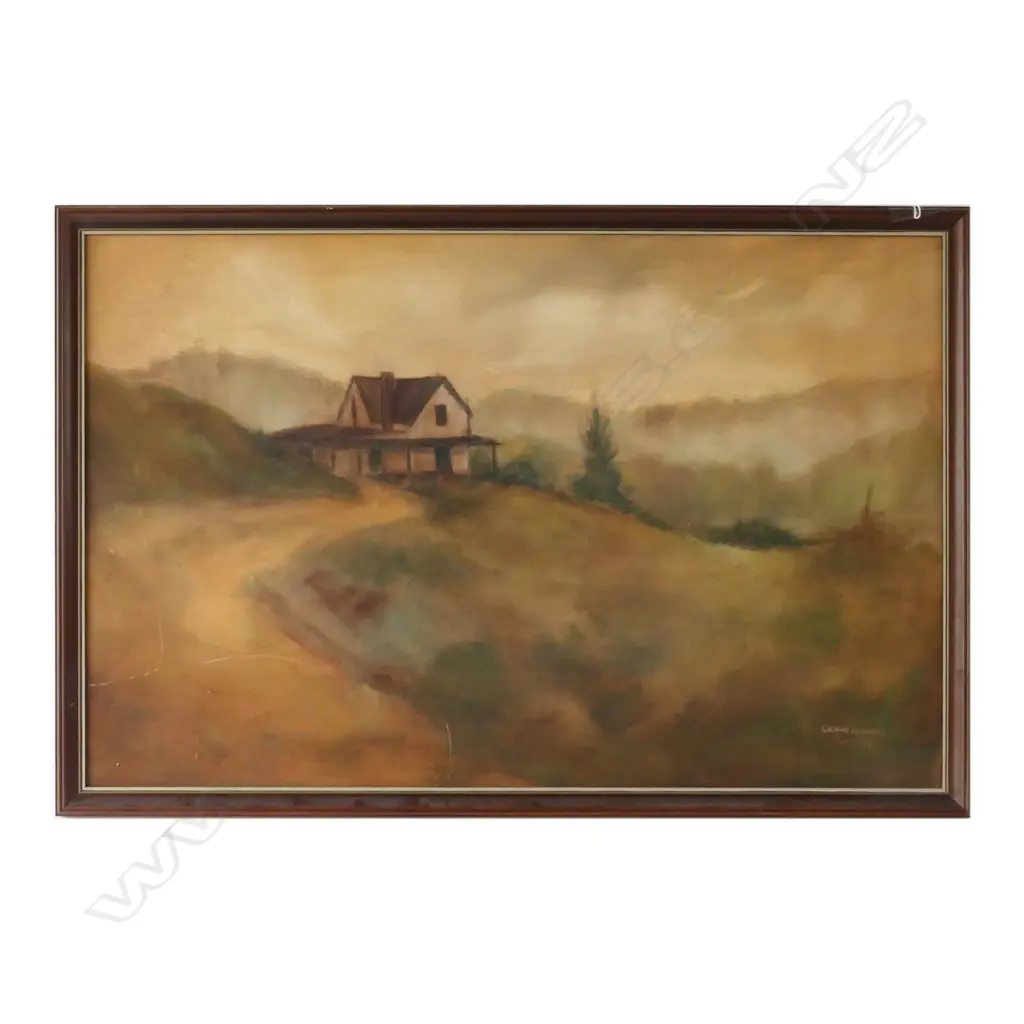 GRANT WINTER 'HOUSE ON A HILL' ACRYLIC ON BOARD 910 X 590MM, SOME SCRATCHES TO LOWER LEFT Image 1++