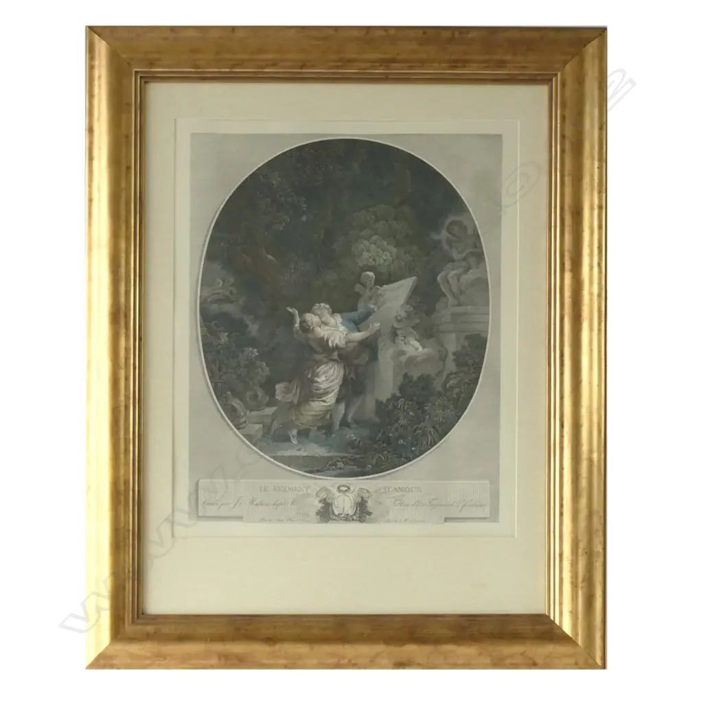 GILT FRAMED PRINT WITH GLASS, FRAGONARD, "LE SERMENT D'AMOUR"  Image 1++