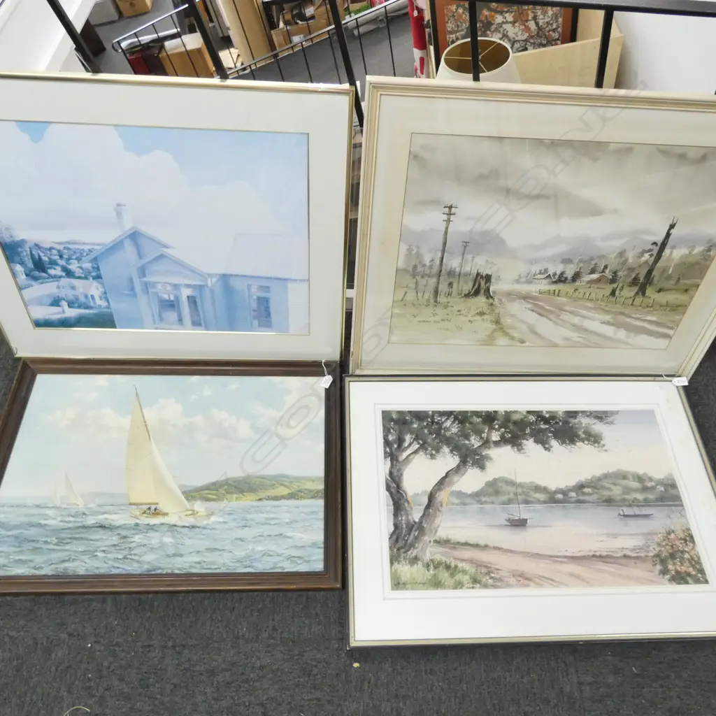 4 ARTWORKS; ADRIAN CAVE 'RAIN' WC, JOCELYN BERTRAND 'COROMANDEL HARBOUR' WC + YACHT & SIDDELL PRINT Image 1++
