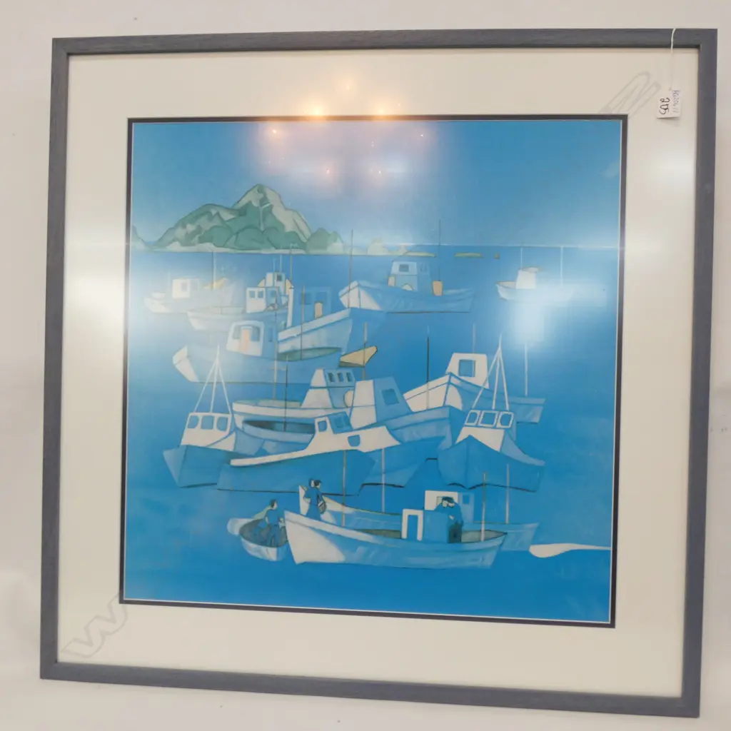 RITA ANGUS PRINT 'BOATS, ISLAND BAY' 770MM SQ FRAME SIZE Image 1++