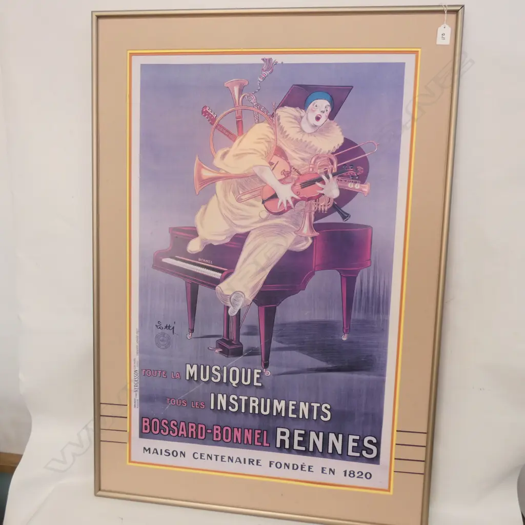 LARGE FRAMED FRENCH CLOWN ON PIANO PRINT 1065 X 740MM Image 1++