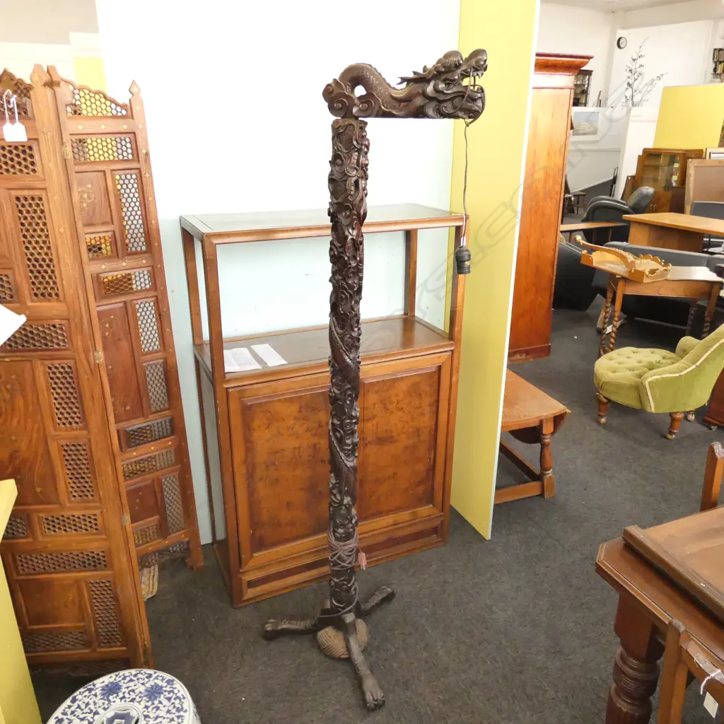 OLD DRAGON CARVED STANDARD LAMP TRI-POD BASE Image 1++