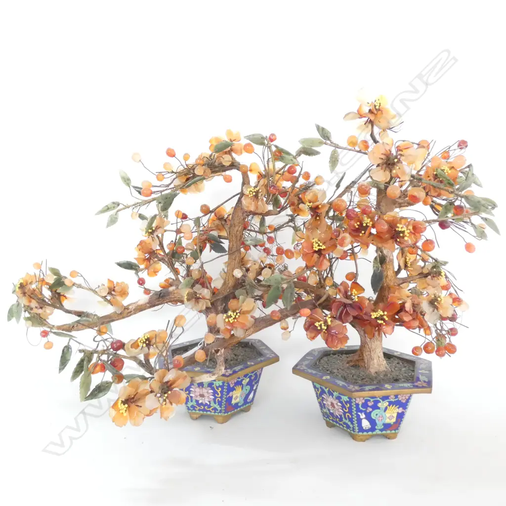 PAIR GEMSTONE TREES, CLOISONNE POTS,  H. 335MM Image 1++