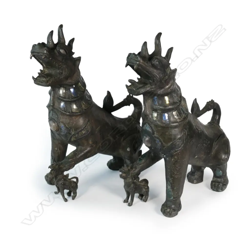 PR COPPER TEMPLE DOGS, PROBABLY THAI, MIRROR & GEMSTONE SET, H. 400mm Image 1++
