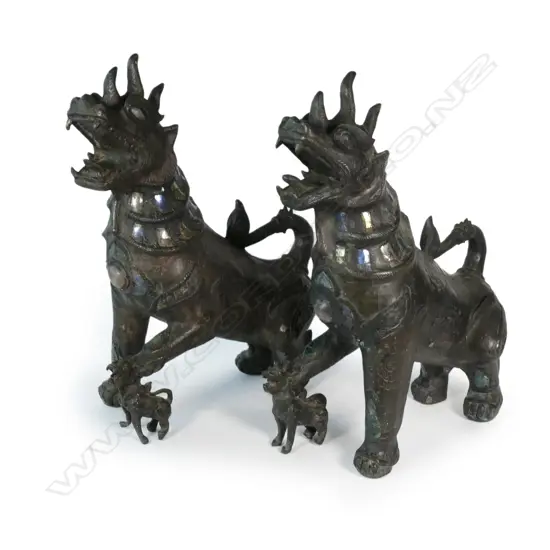PR COPPER TEMPLE DOGS, PROBABLY THAI, MIRROR & GEMSTONE SET, H. 400mm