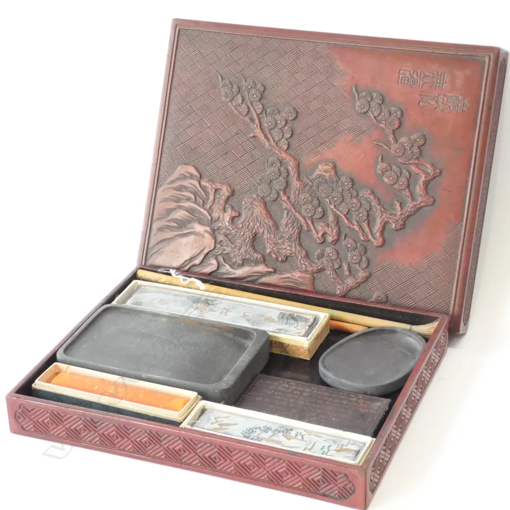 CHINESE INCISED VERMILLION LACQUER CALLIGRAPHY BOX Image 1++
