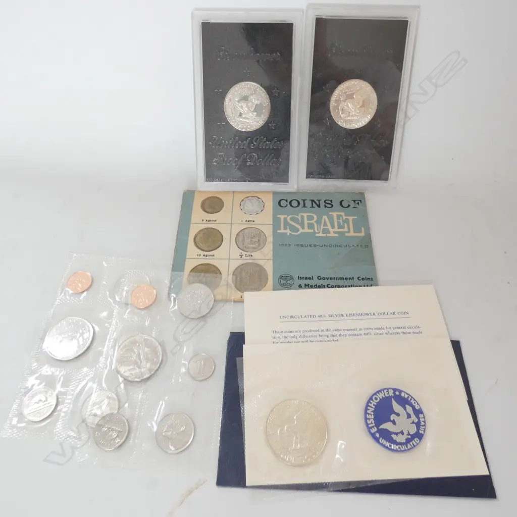3 EISENHOWER SILVER DOLLARS, 2 PROOF, 2 SETS CANADIAN COINS, 1 SET ISRAELI   Image 1++
