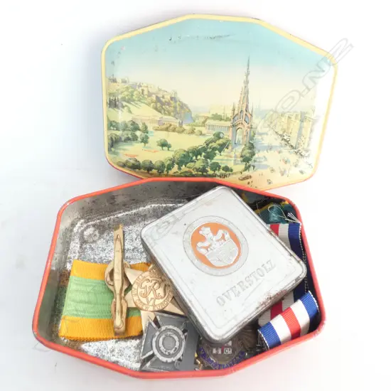 TIN ASSORTED BADGES & MEDALS ETC.