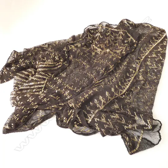LARGE ART NOUVEAU BLACK & GOLD SHAWL, SMALL TEAR ON EDGE