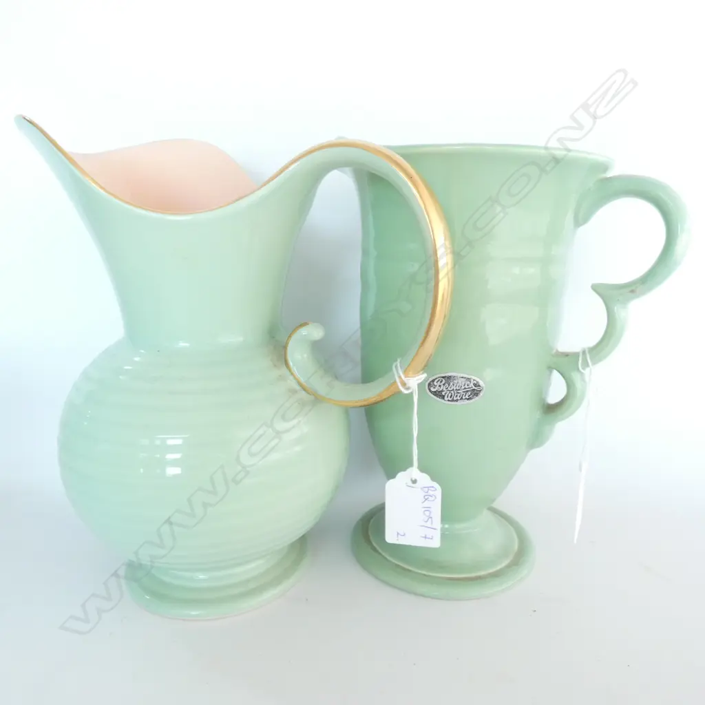 2 GREEN DECO JUGS; CROWN DEVON & BESWICK H. 225MM Image 1++