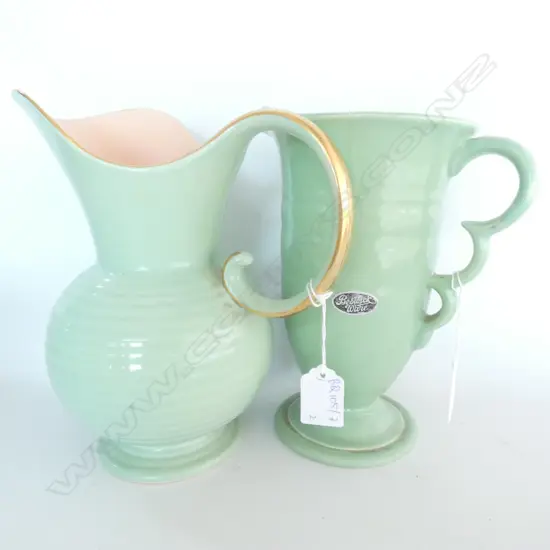 2 GREEN DECO JUGS; CROWN DEVON & BESWICK H. 225MM