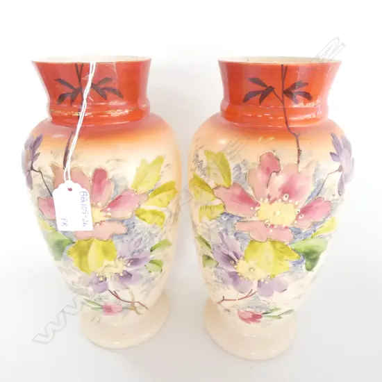 PAIR LARGE HAND PAINTED VICT MILK GLASS VASES, H. 265MM