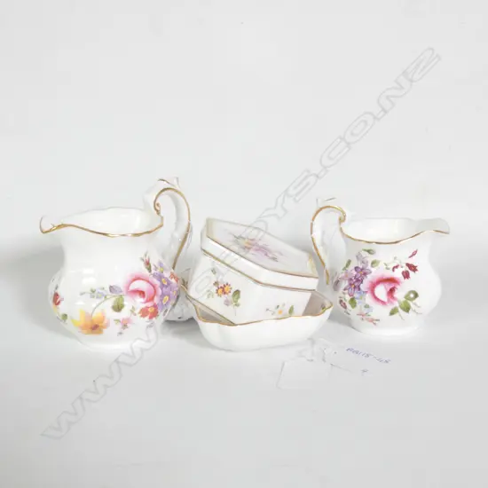 ROYAL CROWN DERBY, DERBY POSIES, 2 JUGS, LIDDED BOX, DISH