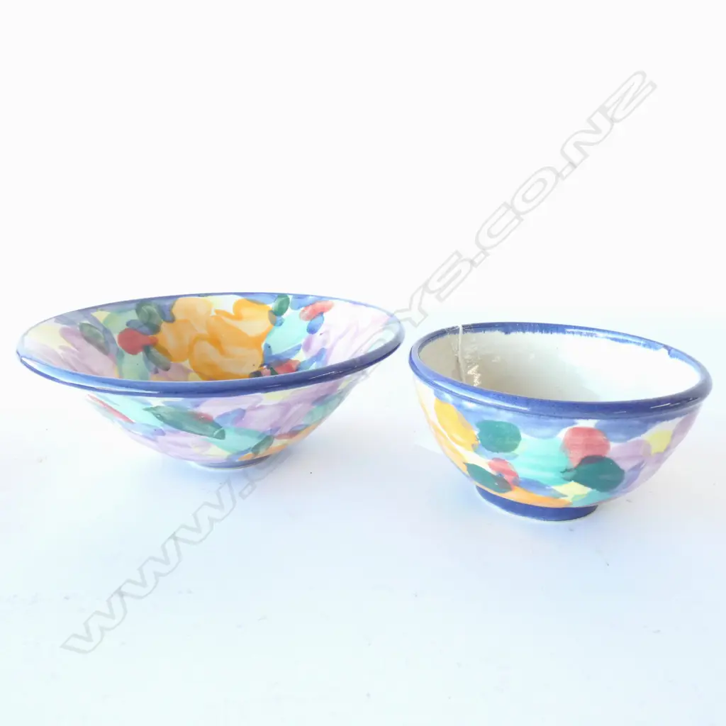 PAIR TONY SLY MULTI COLOURED POTTERY BOWLS W. 225MM Image 1++