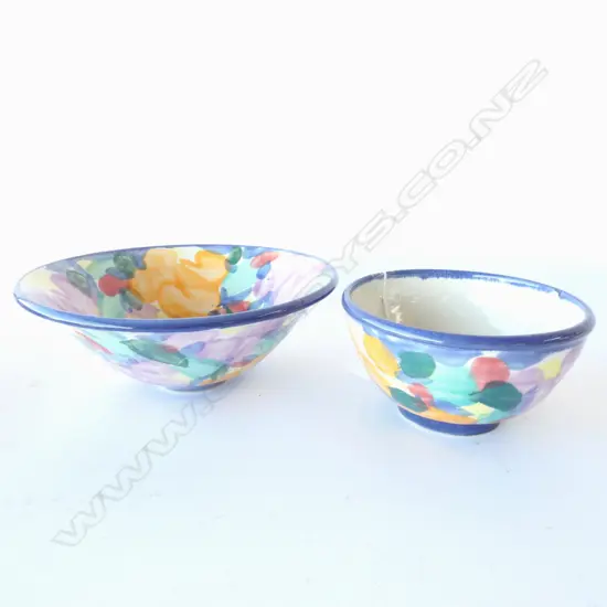 PAIR TONY SLY MULTI COLOURED POTTERY BOWLS W. 225MM