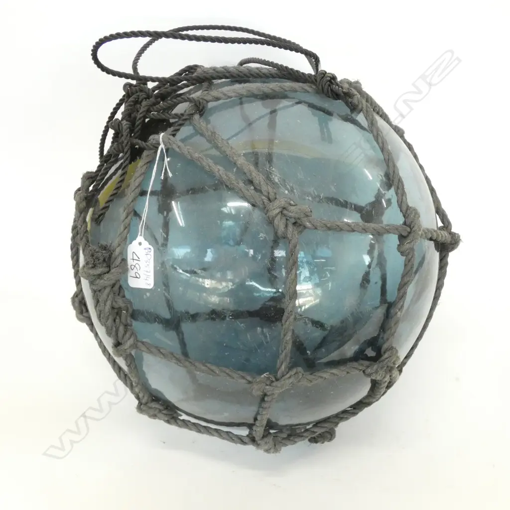 OLD SMALL GLASS FISHING FLOAT WITH NETTING Dia.300mm Image 1++