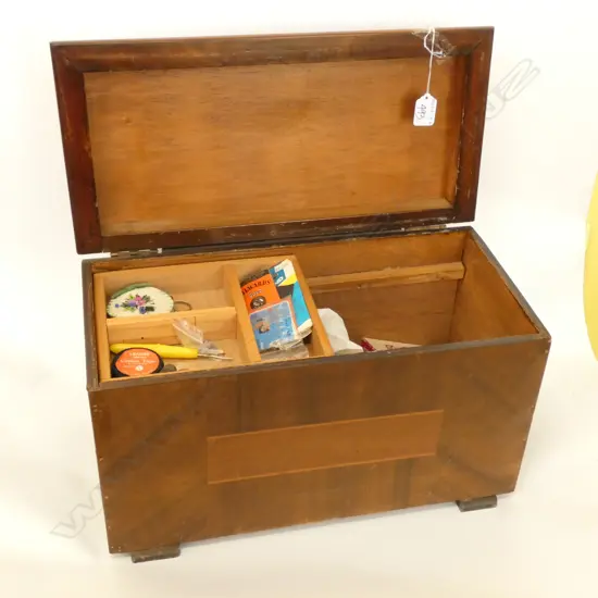 LARGE WOODEN SEWING BOX WITH CONTENTS W. 460, H. 280MM