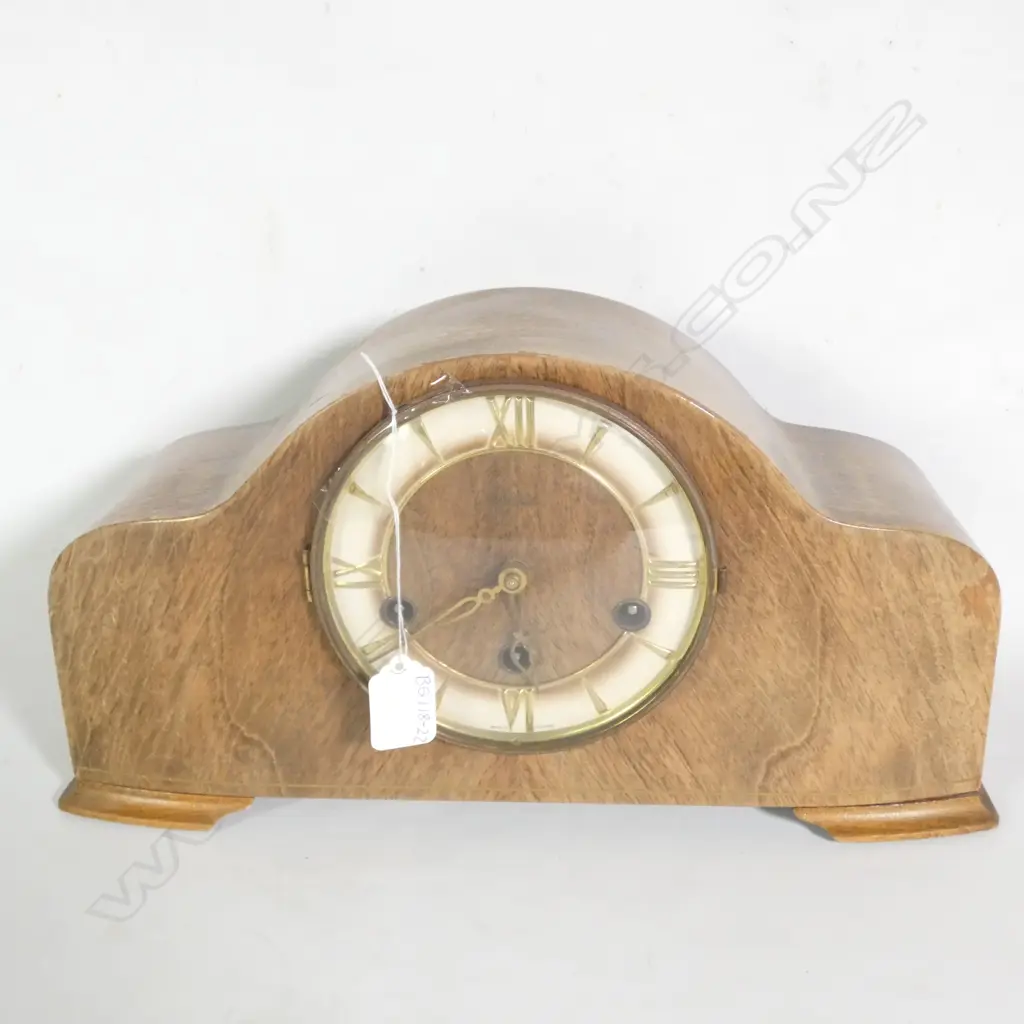 WOODEN GERMAN MANTLE CLOCK, CHIMING, WITH KEY  L. 370MM Image 1++