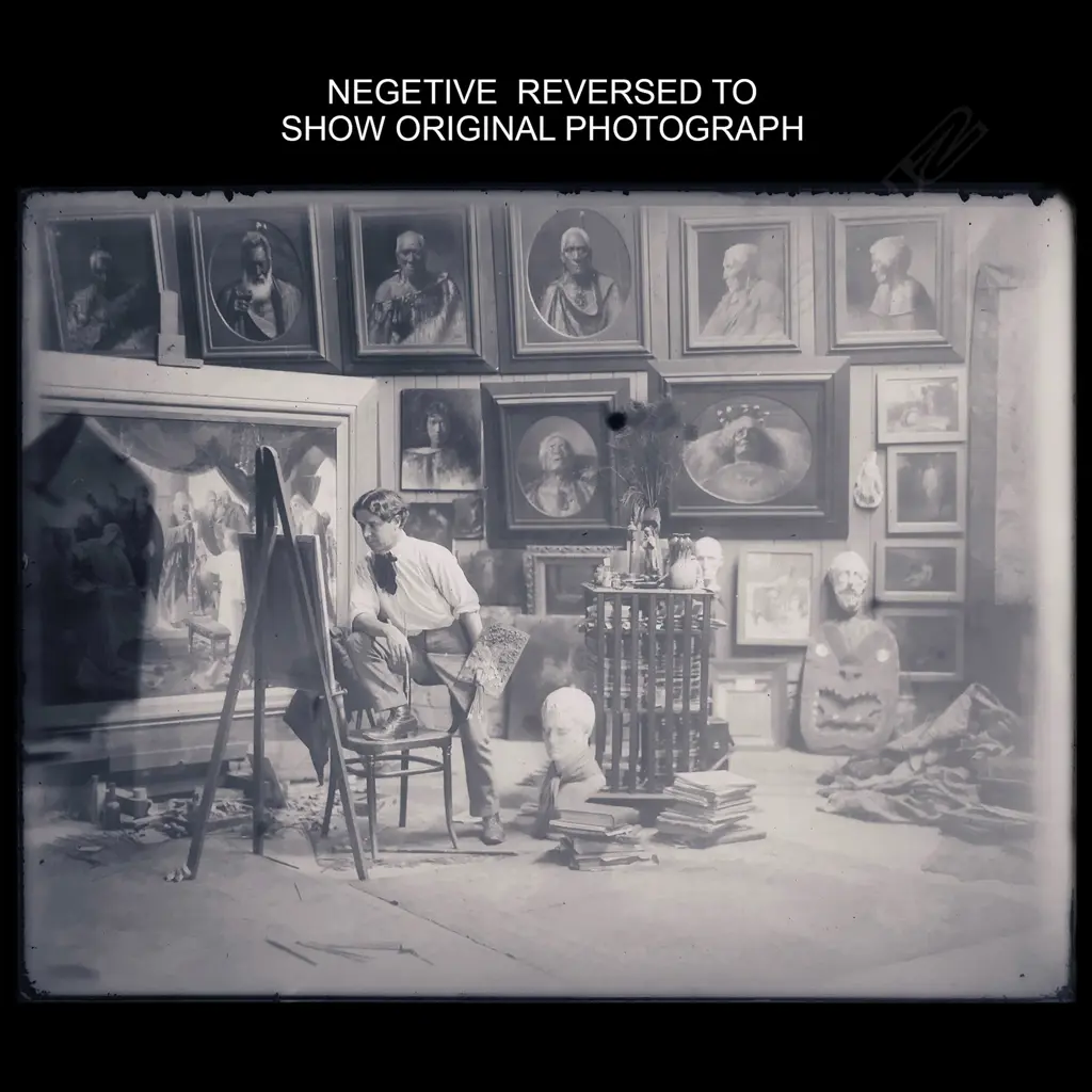 2 GLASS PLATE NEGATIVES OF C.F. GOLDIE IN HIS STUDIO 9 x 6" Image 1++