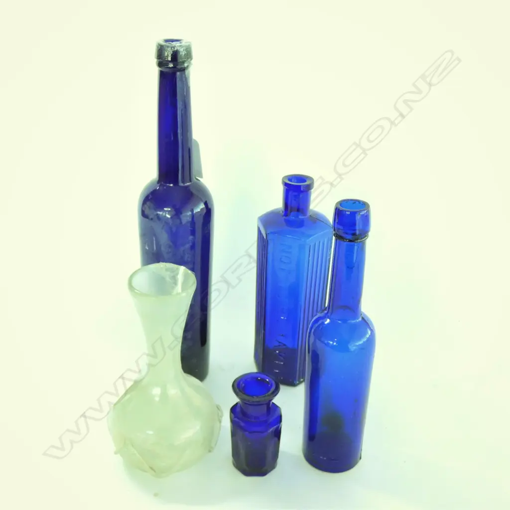 FOUR COBALT BLUE GLASS BOTTLES & 19TH CENTURY VASE W TRAILINGS.... Image 1++