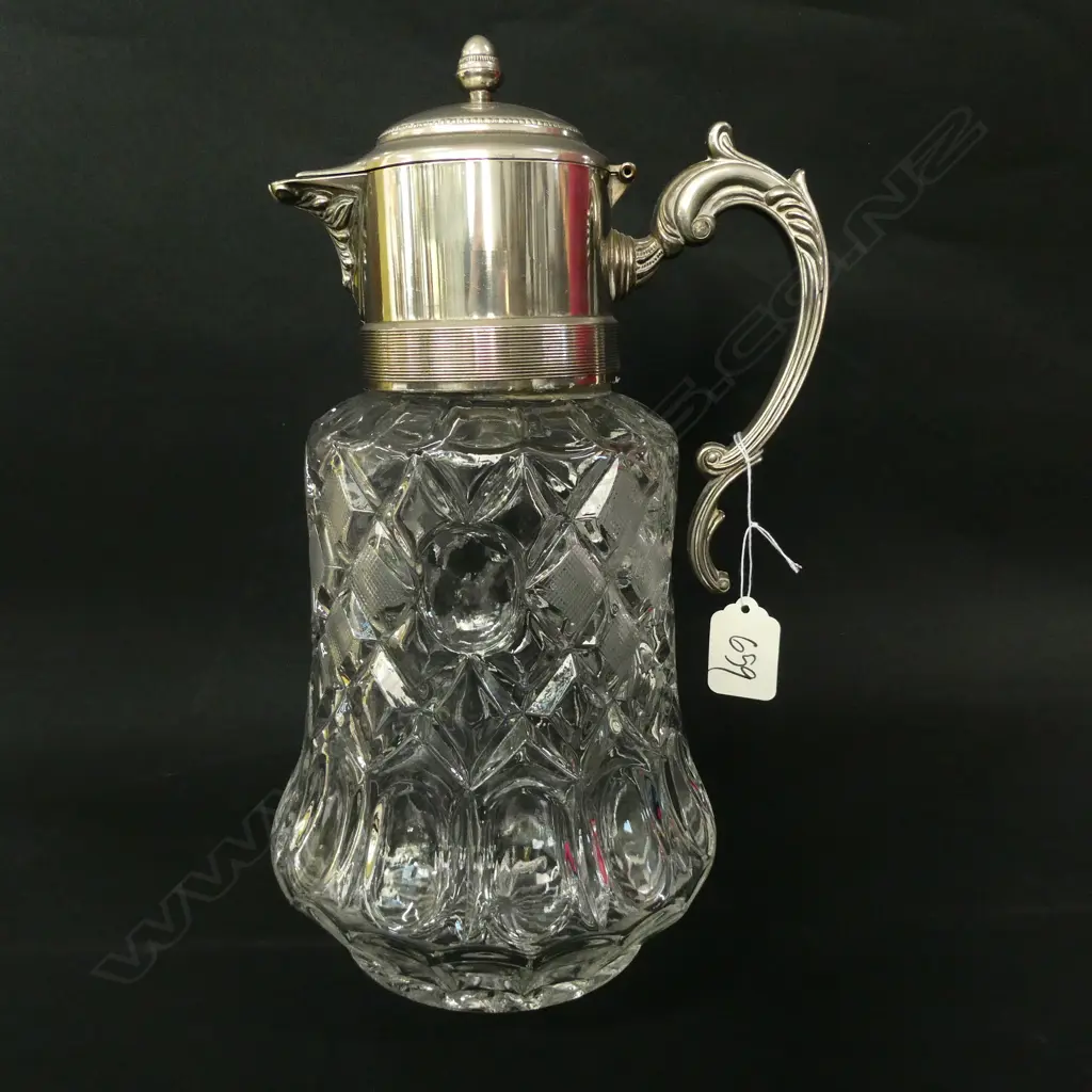 LARGE CUT GLASS * SILVER PLATE CLARET JUG, H. 330MM Image 1++