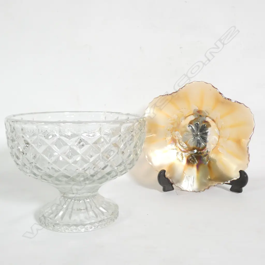LARGE CUT GLASS FOOTED BOWL & CARNIVAL GLASS DISH Image 1++