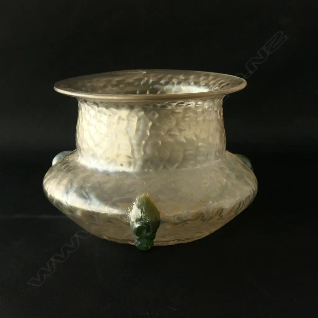 KRALIK IRIDESCENT GLASS VASE WITH GREEN TRAILINGS, W. 165MM Image 1++