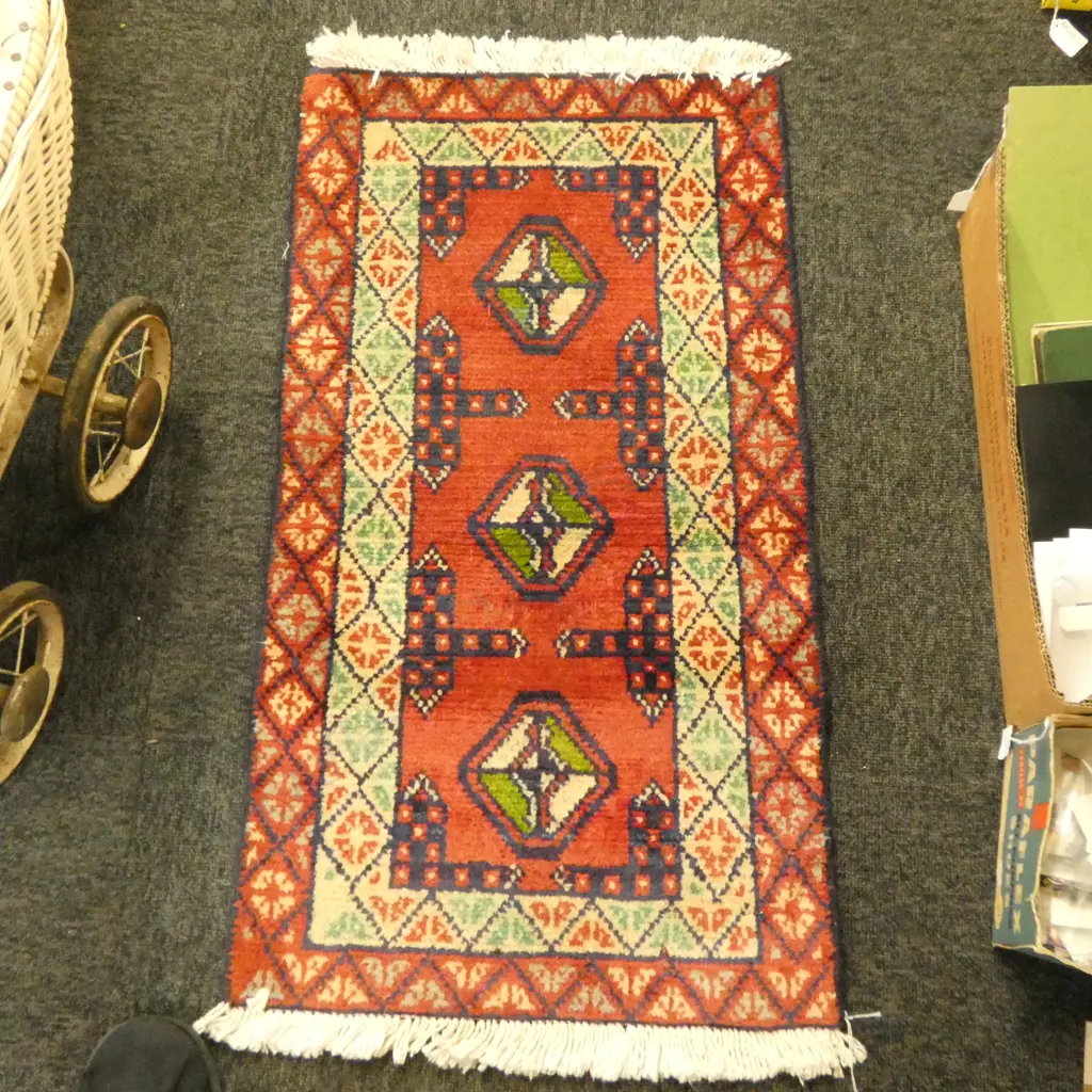 #249C PERSIAN TORKAMAN HAND KNOTTED ALL WOOL RUG 820 X 450MM Image 1++