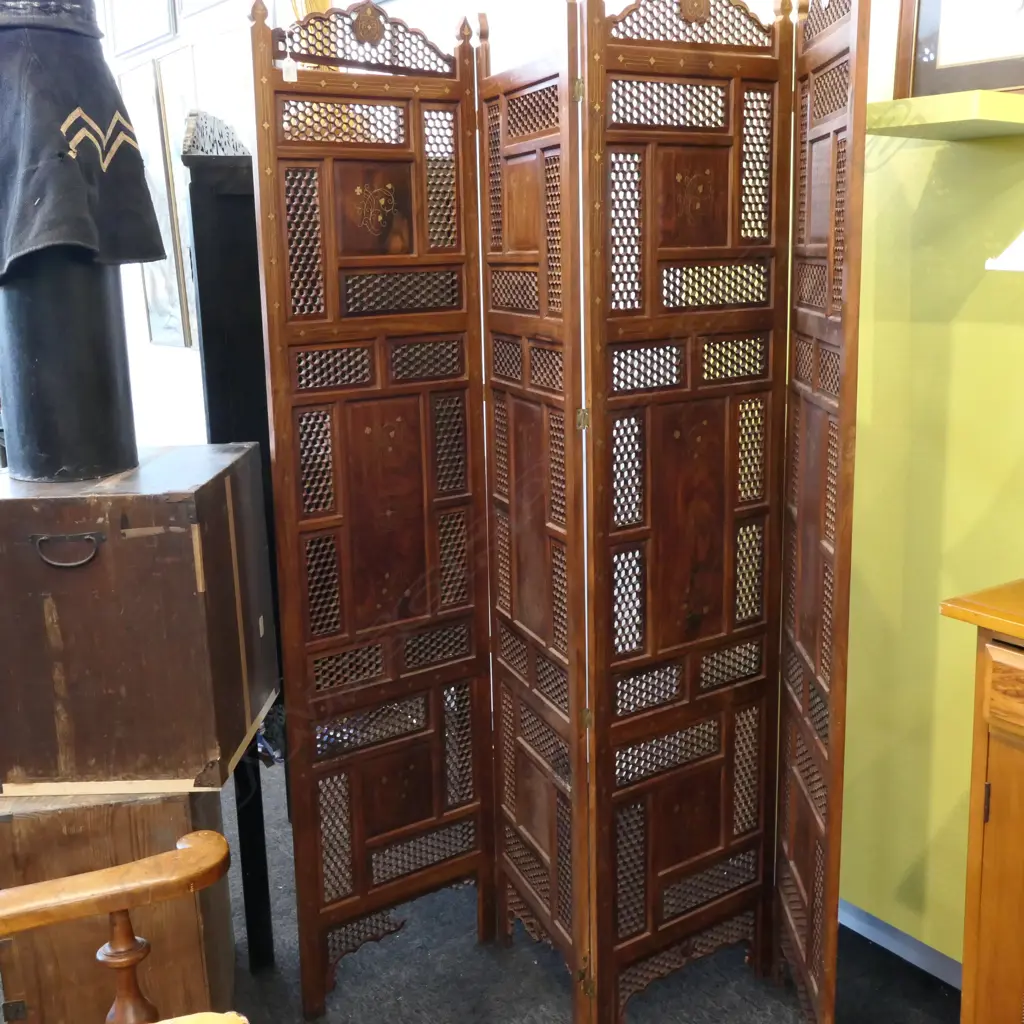 PAKISTAN 4 SECTION SCREEN HARDWOOD WITH BRASS INLAY H1750MM Image 1++