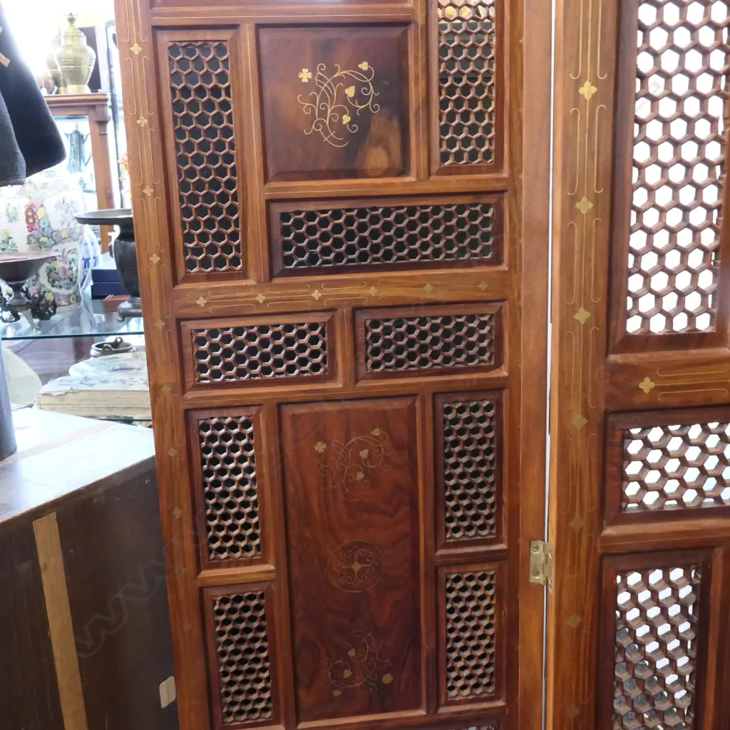 PAKISTAN 4 SECTION SCREEN HARDWOOD WITH BRASS INLAY H1750MM Image 1++