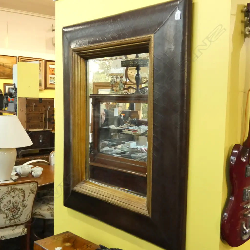 LARGE LEATHER FRAMED MIRROR, W. 1120 X 895MM Image 1++