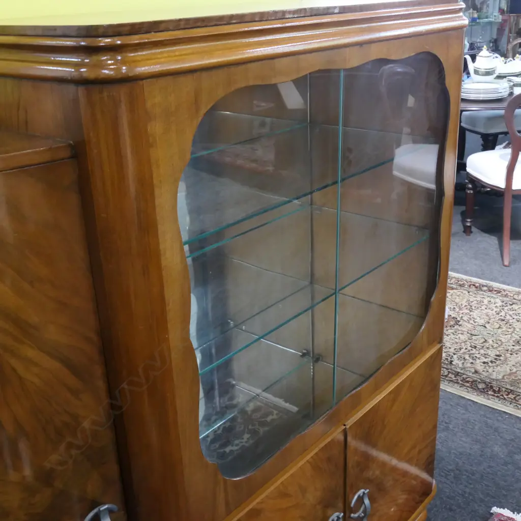 WALNUT VENEER ART DECO DISPLAY CABINET, GLASS DOOR. W.1340 X 400MM. H. 1310MM Image 1++