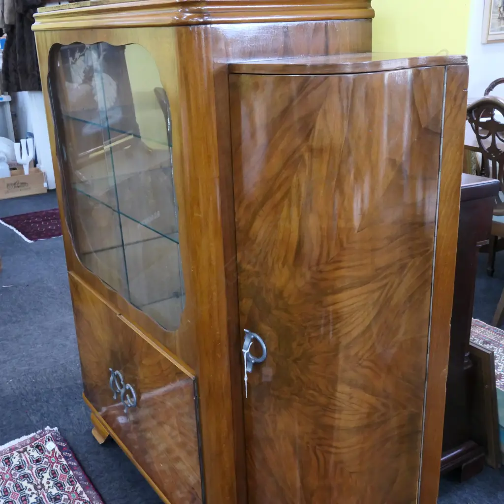 WALNUT VENEER ART DECO DISPLAY CABINET, GLASS DOOR. W.1340 X 400MM. H. 1310MM Image 1++
