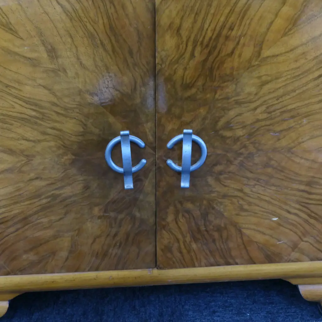 WALNUT VENEER ART DECO DISPLAY CABINET, GLASS DOOR. W.1340 X 400MM. H. 1310MM Image 1++