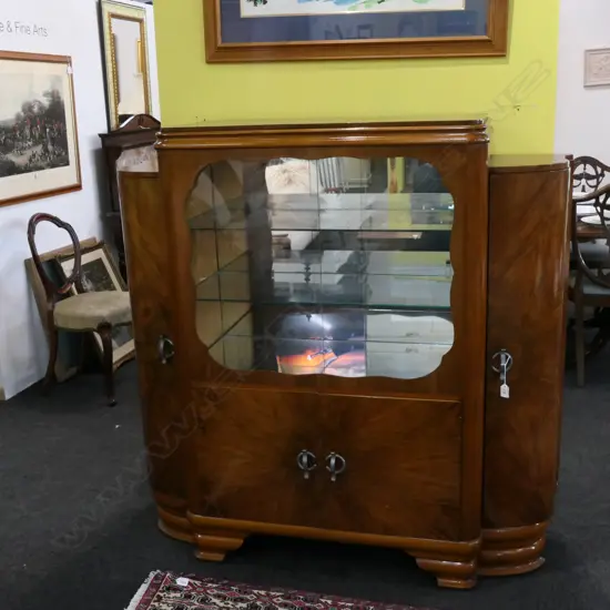 WALNUT VENEER ART DECO DISPLAY CABINET, GLASS DOOR. W.1340 X 400MM. H. 1310MM