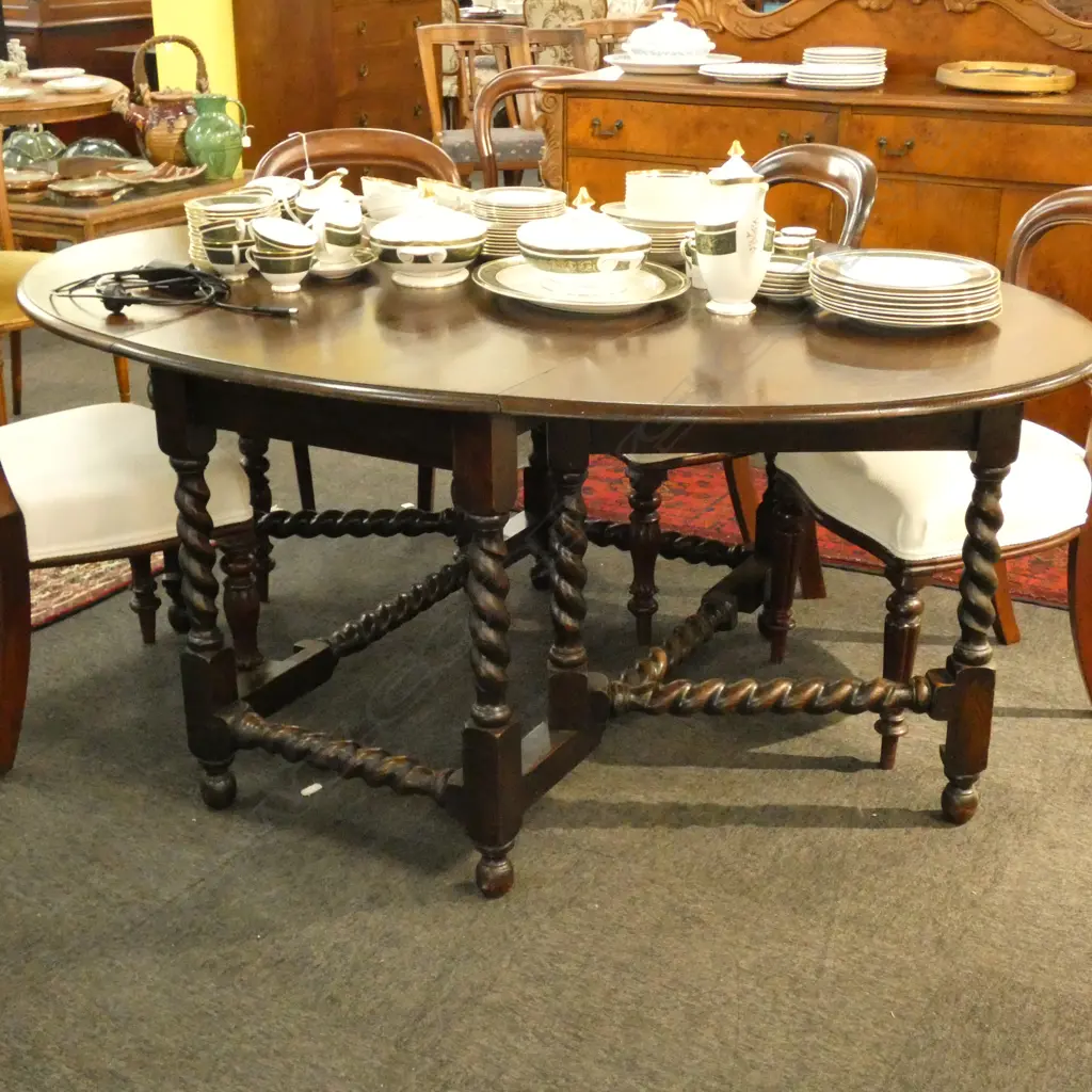 LARGE OAK, BARLEY TWIST LEG, GATELEG TABLE, W. 1850 X 115MM Image 1++